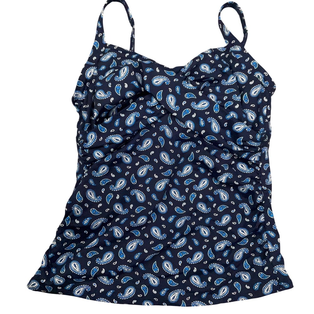 Lands' End Tankini Top Womens 14 Blue Paisley Floral Surplice Bra Modest Beach